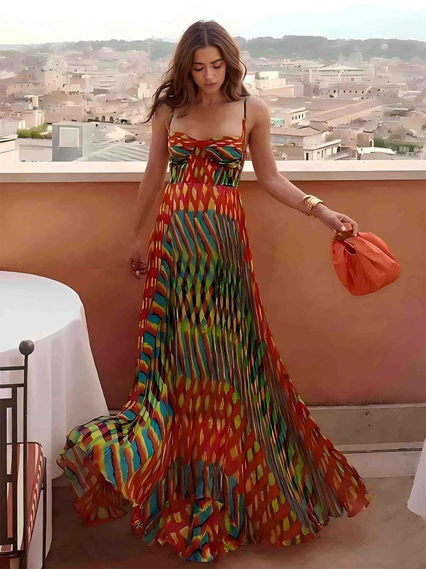 Women’s Abstract Print Maxi Dress – Sleeveless A-Line Style with Painted Pattern