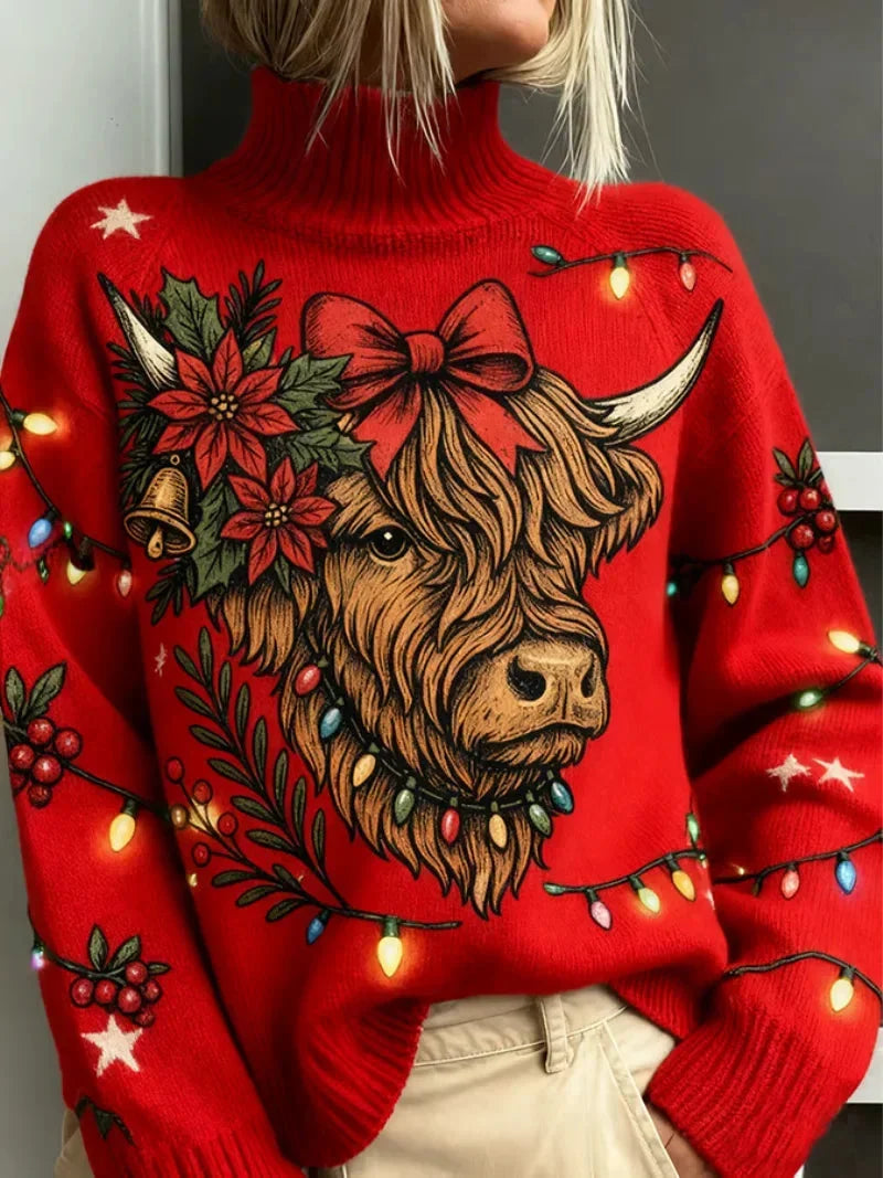 Women's Highland Cow Christmas Jumper | Knitted Roll Neck Festive Sweater | Novelty Holiday Knitwear | Long Sleeve Winter Top
