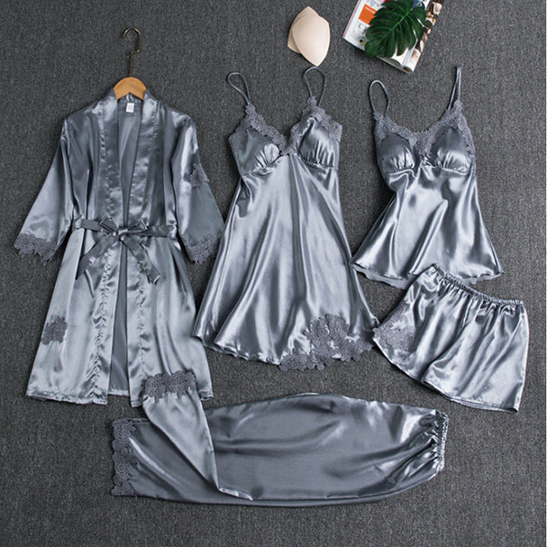 Women's Satin Lounge Set – Robe, Shorts, Camisole, Slip Dress