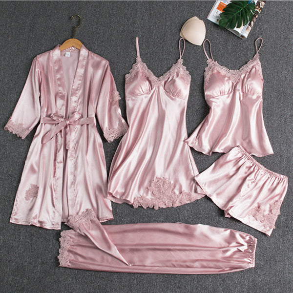 Women’s Satin Nightwear Set – Camisole, Robe, Shorts & Slip Dress