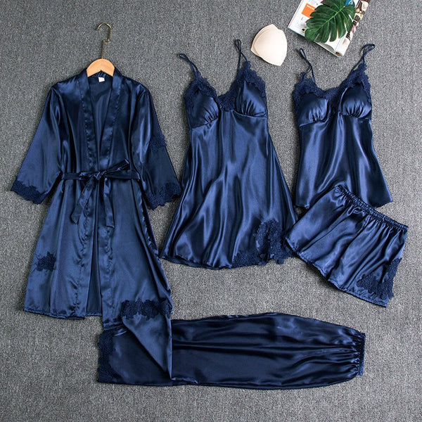 Women’s Satin Pyjama Set – Robe, Shorts, Camisole, and Slip Dress