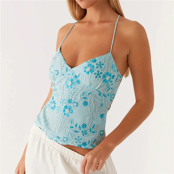 Women’s Sequin Halter Crop Top | Glitter V-Neck Cami with Pearl Details | Festival & Summer Wear