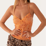 Women’s Sequin Halter Crop Top | Glitter V-Neck Cami with Pearl Details | Festival & Summer Wear