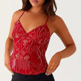 Women’s Sequin Halter Crop Top | Glitter V-Neck Cami with Pearl Details | Festival & Summer Wear
