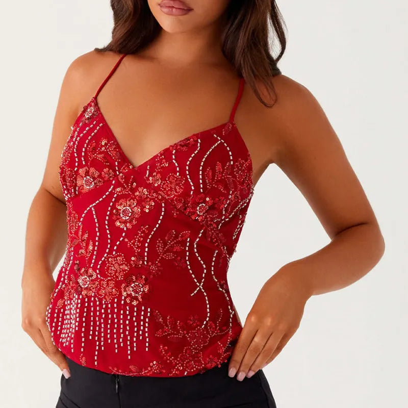 Women’s Sequin Halter Crop Top | Glitter V-Neck Cami with Pearl Details | Festival & Summer Wear