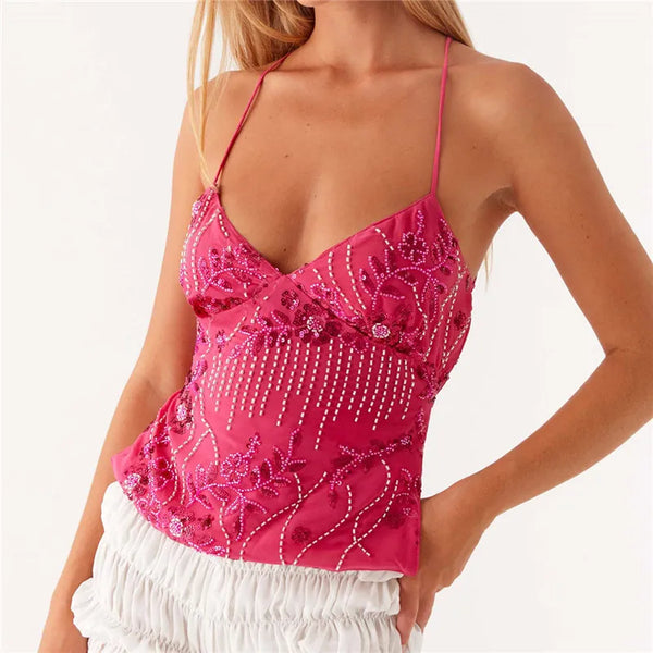 Women’s Sequin Halter Crop Top | Glitter V-Neck Cami with Pearl Details | Festival & Summer Wear