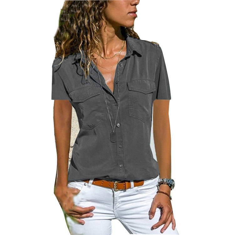 Women's Short Sleeve Button Shirt with Pockets - Image 8