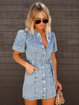 Women's Short Sleeve Denim Dress – Casual Chic Above-Knee Fit Midi Dress