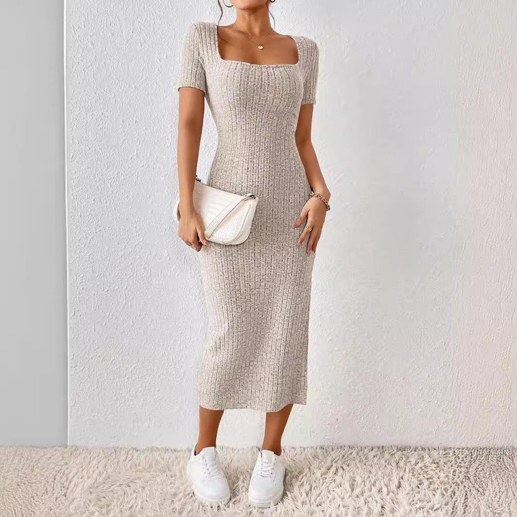 Women’s Square Neck Summer Dress – Slim Fit with Side Slit