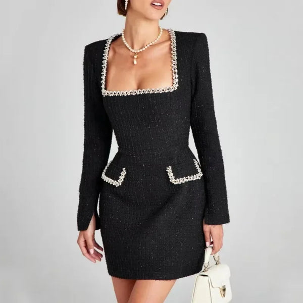 Women’s Tweed Mini Dress – Long Sleeve Square Neck Party Dress