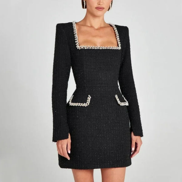 Women’s Tweed Mini Dress – Long Sleeve Square Neck Party Dress