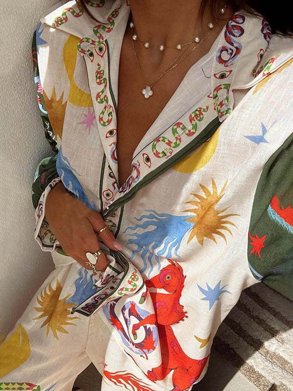 Women’s Unique Print Co-Ord Set – Beauty Long Sleeve Shirt & Elastic Waist Trousers