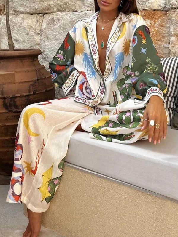Women’s Unique Print Co-Ord Set – Beauty Long Sleeve Shirt & Elastic Waist Trousers