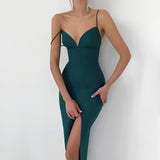 Women's V-Neck Spaghetti Strap Bodycon Dress – Flattering Fit for Weddings & Parties