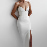 Women's V-Neck Spaghetti Strap Bodycon Dress – Flattering Fit for Weddings & Parties