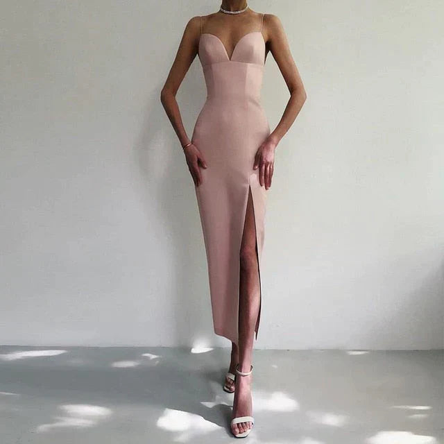 Women's V-Neck Spaghetti Strap Bodycon Dress – Flattering Fit for Weddings & Parties
