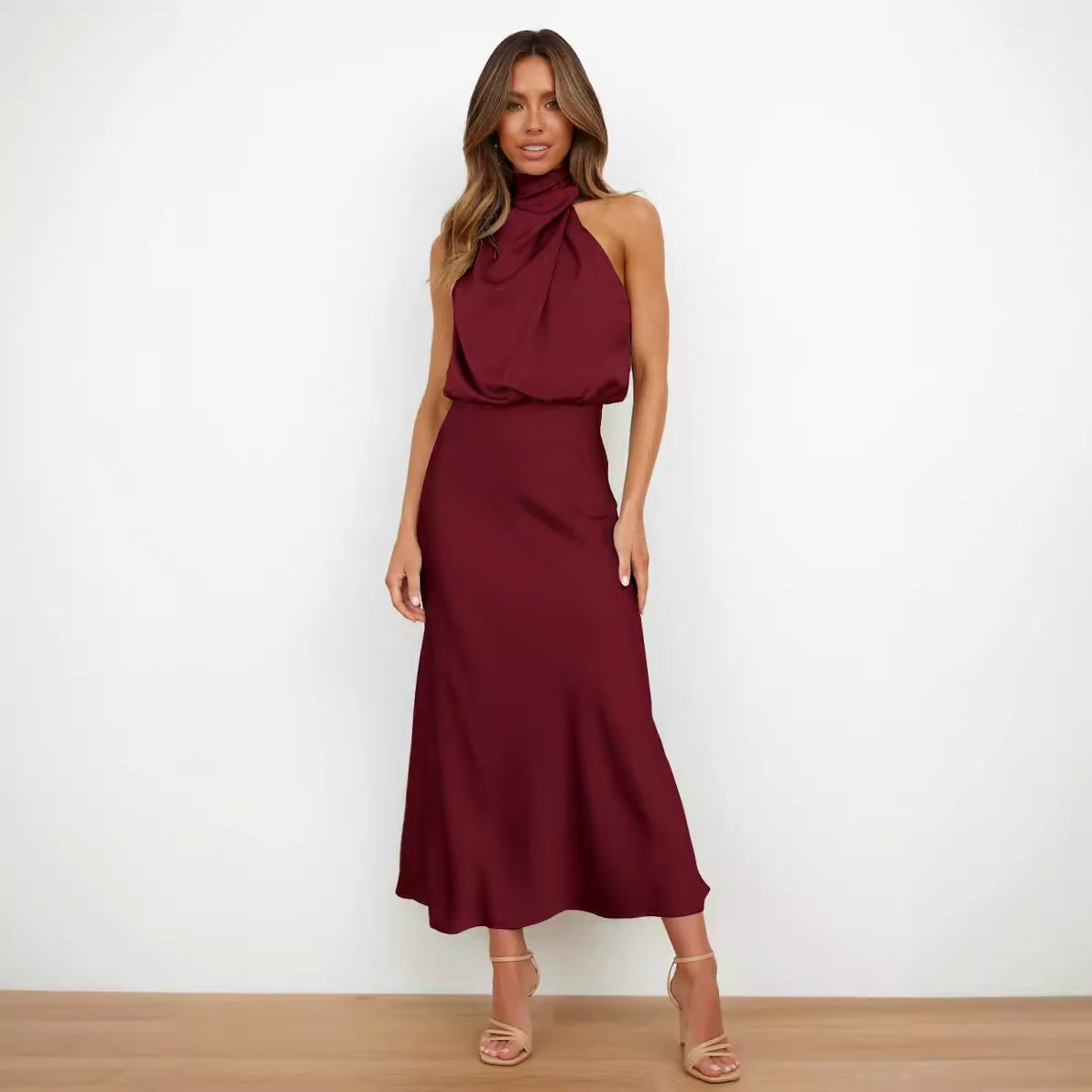 Women’s Satin Sleeveless Midi Dress | Elegant Turtleneck Style for Spring & Summer Occasions
