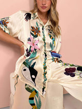 Women’s Satin Print Blouse – Unique Button-Down Oversized Fit for Modern Day-to-Evening Style