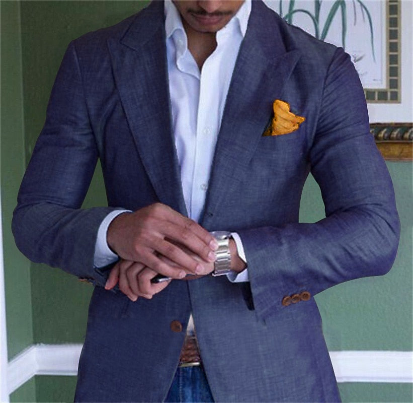 Cotton Linen Blazer  Navy Summer Professional Jacket - Product showcase