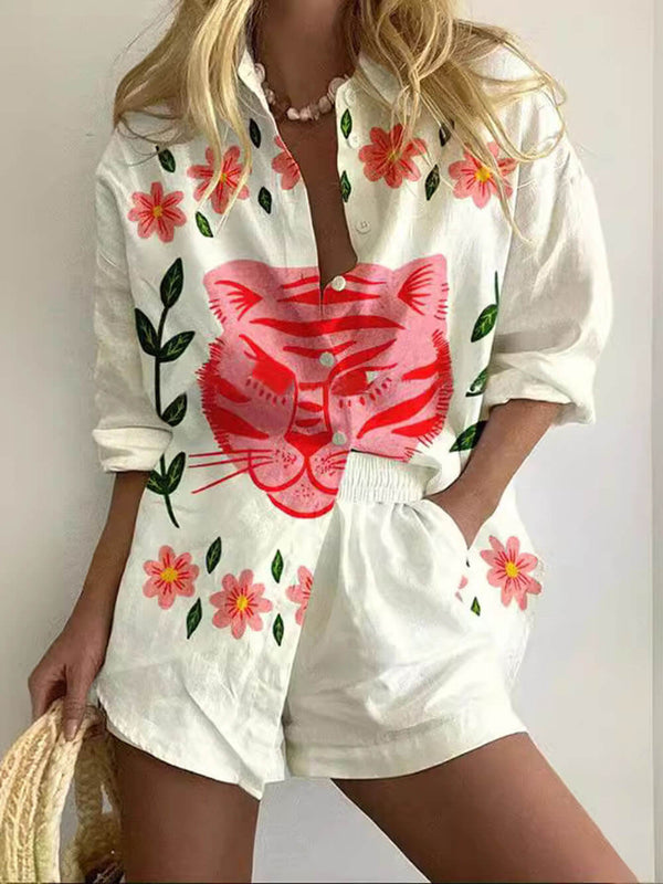 Women's Long Sleeve Shirt & Shorts Set | Unique Print Relaxed Fit Vacation Wear