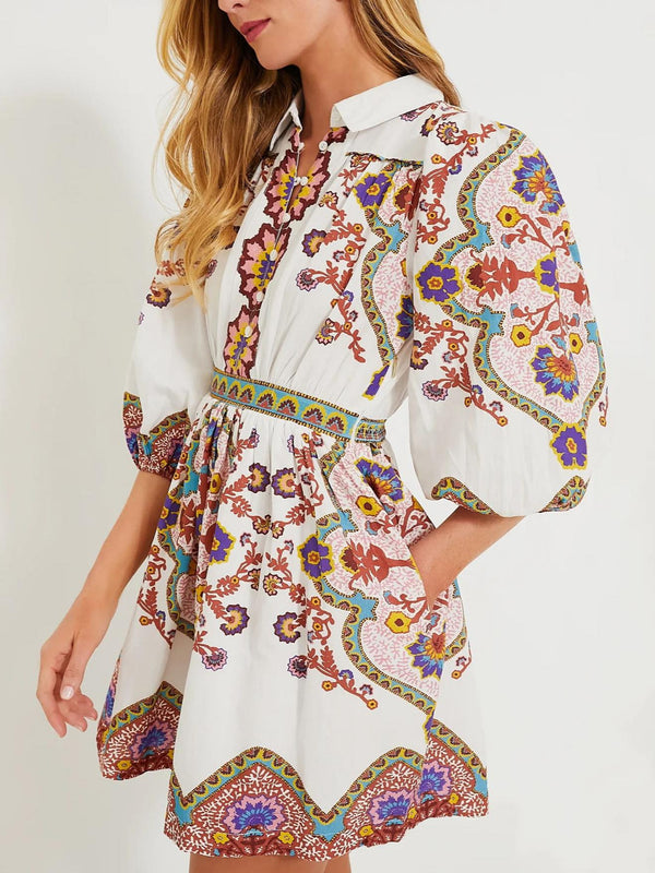 Boho Print Mini Shirt Dress with Puffed Sleeves | Lightweight Summer Dress for Women